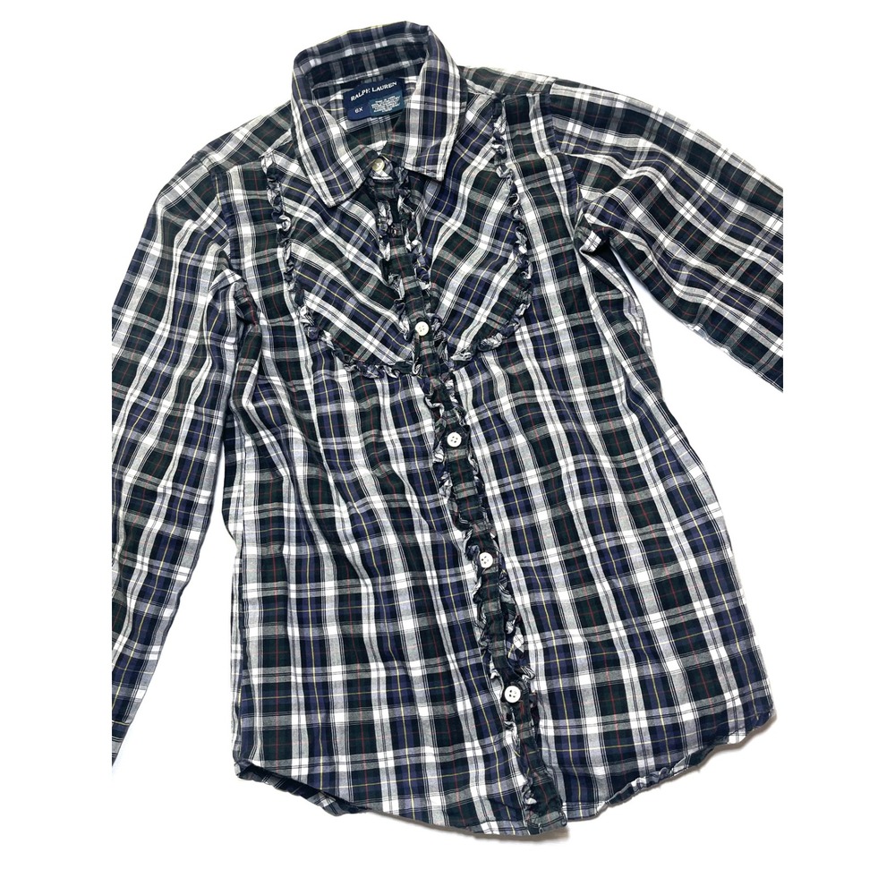 Ralph Lauren Girls Plaid Ruffle Trim Button Down Shirt Navy Green 6X 0252
